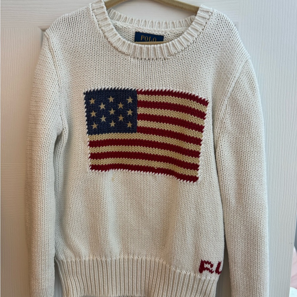 Polo by Ralph Lauren Women's White Sweater with Flag Design